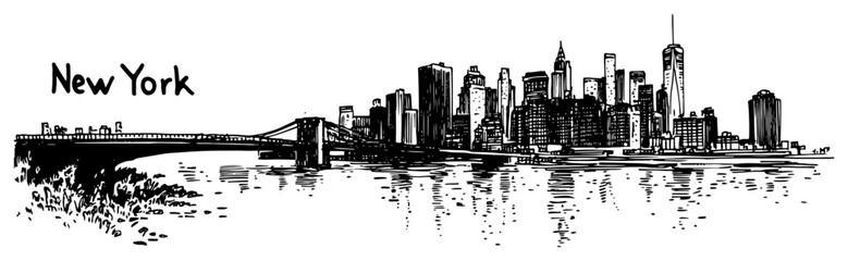 New York City Skyline with Brooklyn Bridge Hand Drawn Sketch