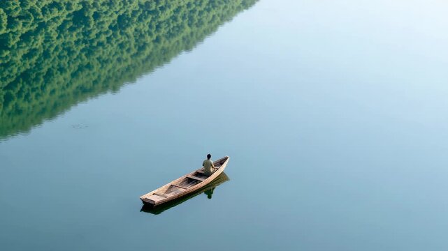 Early morning tranquility pervades a glassy lake as a lone fisherman rows his small wooden boat, the lush green hillside reflected perfectly in the still water