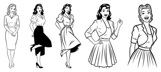 Retro Women in Classic 1950s Dresses Vector
