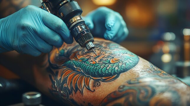Tattoo artist inking a colorful dragon design on a person's leg.
