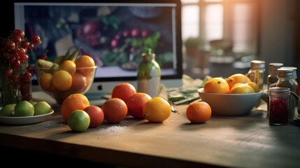 fresh_produce_on_rustic_wooden_table,colorful_variety_of_fruits_and_vegetables,natural_lighting_from_window,glass_bottles_and_jars_on_table,cozy_kitchen_interior_scene
