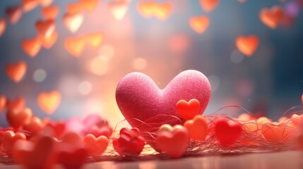red heart, floating, surrounded by soft focus red leaves, ethereal, romantic, dreamy, cinematic lighting, warm colors
