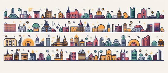 a colorful illustration of a city skyline with various buildings and architectural styles, including houses, churches, skyscrapers, and other structures, in a cartoon or whimsical style, highly detail