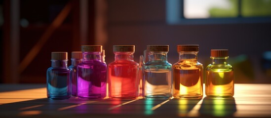 a still life of colorful glass bottles filled with vibrant liquids, arranged on a wooden surface, with a warm and moody lighting, highly detailed, hyperrealistic, 8k, cinematic lighting, volumetric li