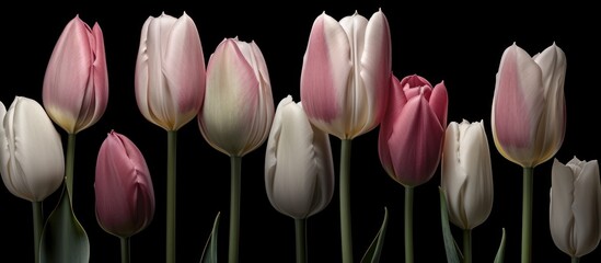 closeup of pink and white tulips, detailed flowers, petals fading to black background, high contrast, cinematic lighting, soft focus, elegant, beautiful, botanical, macro photography
