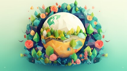 detailed, ultra-realistic, 8k, isometric, beautiful landscape, serene nature, lush foliage, colorful flowers, vibrant earth globe, intricate details, photorealistic, cinematic lighting, dreamlike atmo