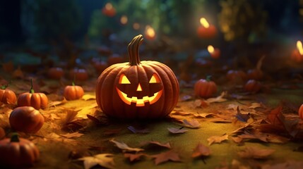highly detailed, intricate pumpkin jack-o-lantern, autumnal forest background, warm lighting, glowing pumpkin, fallen leaves, dramatic, cinematic, 8k, hyper-realistic
