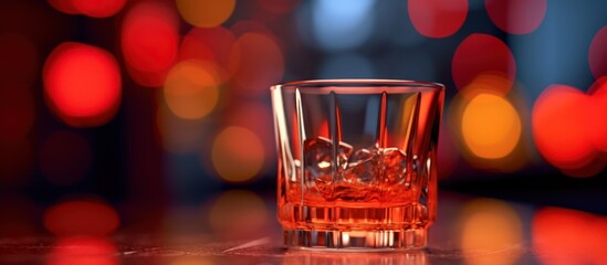 whiskey glass, crystal glass, amber liquid, blurred lights, dark background, dramatic lighting, elegant, high-quality photograph
