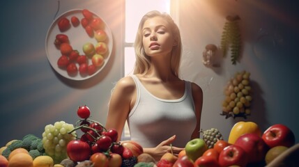 A young woman with an serene expression, surrounded by a vibrant array of fresh fruits and vegetables, dramatic lighting, hyper-realistic, cinematic, digital art, 8k, highly detailed, photorealistic
