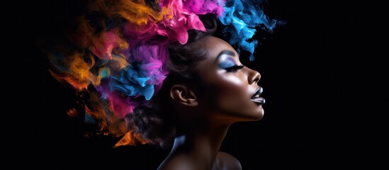 photo of a beautiful Black woman with vibrant colorful smoke emanating from her head, highly detailed, cinematic lighting, 8k, hyperrealistic, dramatic, intricate details, photorealistic, natural skin