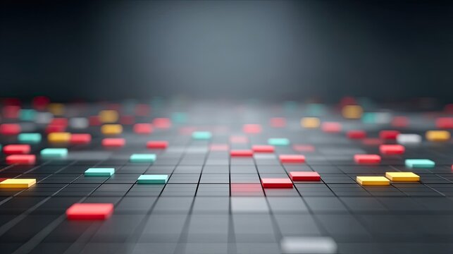 Abstract 3D Rendered Graphic of Financial Data Visualization with Colorful Illuminated Squares on a Grid Displaying Statistical Information