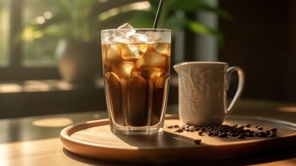a glass of iced coffee with cream, wooden table, dark roasted coffee beans, natural light, cozy cafe atmosphere, warm tones, blurred background, detailed realistic image
