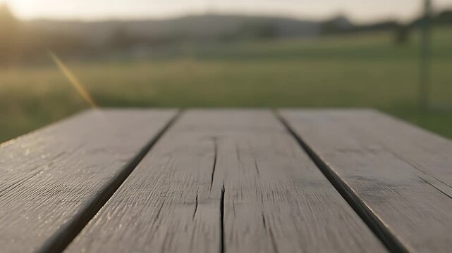 Close up view of a weathered wooden picnic table top with a blurred green background in soft sunlight