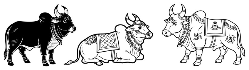 Sacred Indian Cows and Nandi Bull Illustrations black shape vector laser cutting engraving monochrome print
