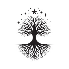 life of tree with roots and stars vector silhouette clip art logo design illustration