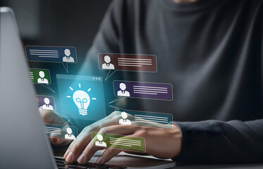 Collaborative Idea Sharing in Digital Workspace, Chat bubbles and glowing light bulb over laptop typing scene