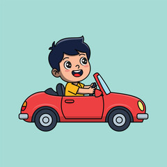 Vector Illustration Happy Boy Driving a Red Convertible Car Cartoon Cute