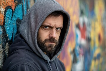 Urban portrait of man in hoodie against graffiti wall