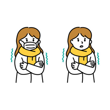 寒がる女性のイラストセット　マスクありなし