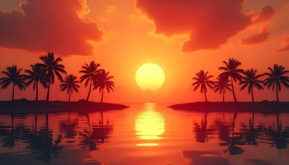 Tropical Sunset Palm Trees Reflection Water