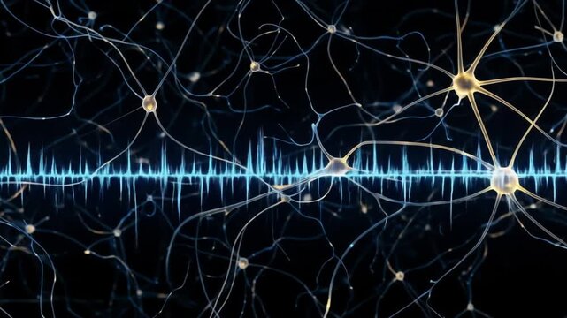Abstract representation of neural connections with a sound wave overlay, illustrating brain activity and sound