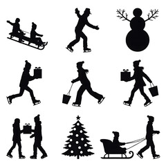 Silhouette of people enjoying winter activities isolated on transparent background ice skating, sledding, carrying gifts, and decorating a christmas tree in black and white