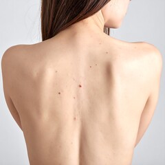 Woman's bare back showcasing various skin markings
