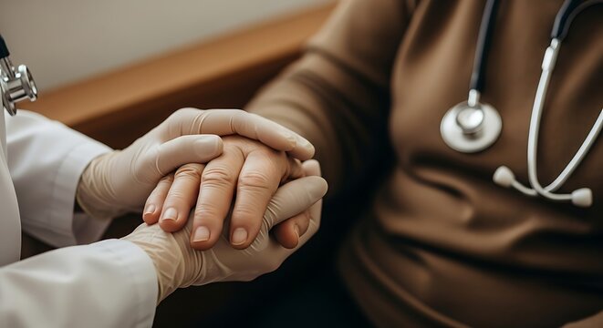 Doctor holding patients hand, offering comfort and support during a medical consultation.