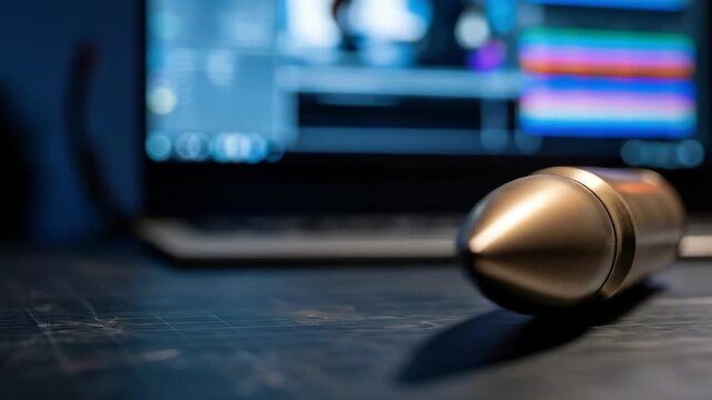 Brass bullet on a desk with computer in background, technology and defense. Metal and ammunition concept.