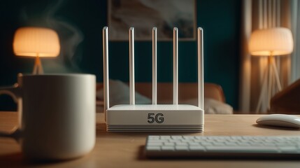 A modern 5G router sits on a wooden desk next to a white coffee mug and a keyboard. Soft lighting creates a cozy atmosphere in the room.