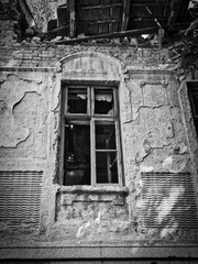 Black and white photo of abandoned building with cracked walls and broken windows. Nature reclaims urban decay. Ideal for editorial, architecture, and contrast-themed visuals.