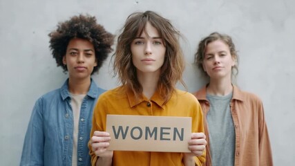 Three diverse women stand together, holding a sign that reads women in a powerful display of solidarity and strength, advocating for gender equality and social justice - Powered by Adobe