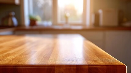 polished. Close-up of polished wooden table surface with soft morning light through a blurred kitchen window in warm natural tones. lifestyle magazines.