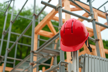 Construction Site Safety Red Hard Hat on Scaffolding Industrial Protection Work Helmet Equipment Engineering Project Precaution