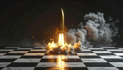 A sharp, monochrome chessboard where one pawn morphs into a golden rocket ship mid-launch, with smoke and flames rendered in ultra-detail