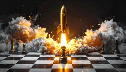 A sharp, monochrome chessboard where one pawn morphs into a golden rocket ship mid-launch, with smoke and flames rendered in ultra-detail