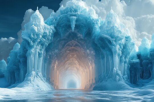 Ice cave with unique formations lit up by soft blue light, creating a mesmerizing and mysterious atmosphere.