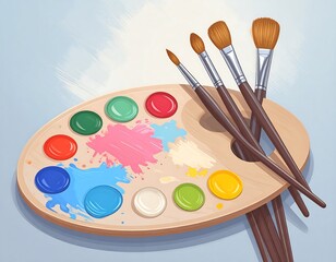 Wooden palette with paint and brushes, vibrant colors, splatters