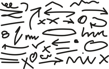 A collection of hand drawn doodle elements including arrows circles and lines art