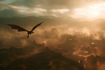 Naklejka premium A dragon soars over a medieval fortress engulfed in flames, with soldiers below and dramatic golden dawn light breaking. 