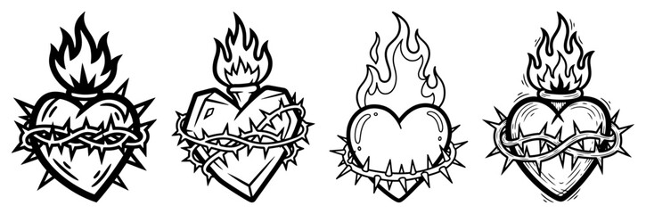 Sacred Heart with Thorns and Flames Tattoo Style Set