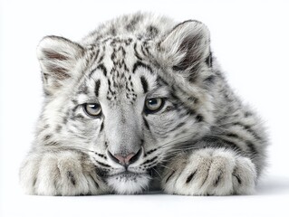 Fototapeta premium Snow Leopard Cub: A captivating snow leopard cub with its striking patterned fur, and piercing gaze, captivates in a close-up view, offering a glimpse into the wild's beauty.
