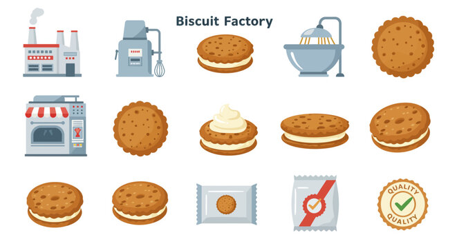 Flat design icons illustrating the industrial process of making biscuits