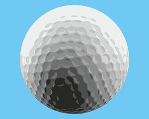 Realistic golf ball illustration, 3D texture pattern design, white dimples surface, sports equipment concept, blue background isolated vector artwork