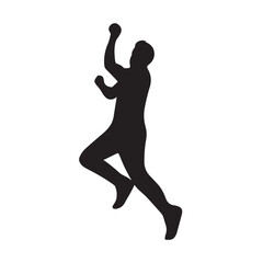Black vector illustration of Bowler doing sport and dance action including a man jumping and bowling ball. Cricketer bowler bowling action silhouette.