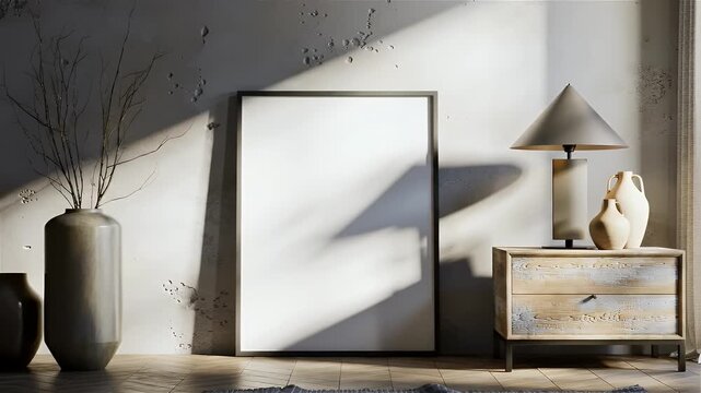 Minimalist Interior With Blank Poster Frame Leaning Against Textured Wall Next to Wooden Nightstand Topped By Lamp and Vases Bathed in Soft Sunlight Streams Through Sheer Curtains