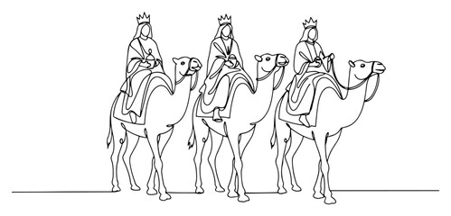 The Three Wise Men on Camels Continuous One Line Drawing