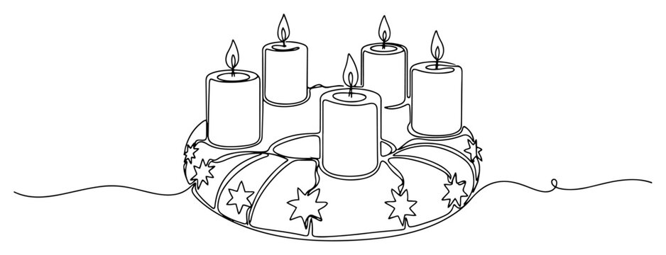 Christmas Advent Wreath with Four Candles in One Line Art