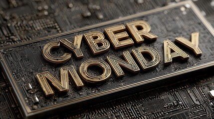 cyber monday Metallic sign reading "Cyber Monday" on a circuit board background.