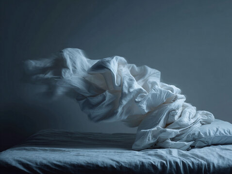 Dreamlike image of white linens floating above a bed. Evokes themes of sleep, subconsciousness, comfort, and ethereal beauty. Perfect for articles on mental health, wellness, or interior design.